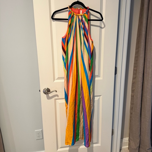 Marie Oliver Elena Striped Silk Halter Multi Colored Midi Dress | S - Picture 2 of 7